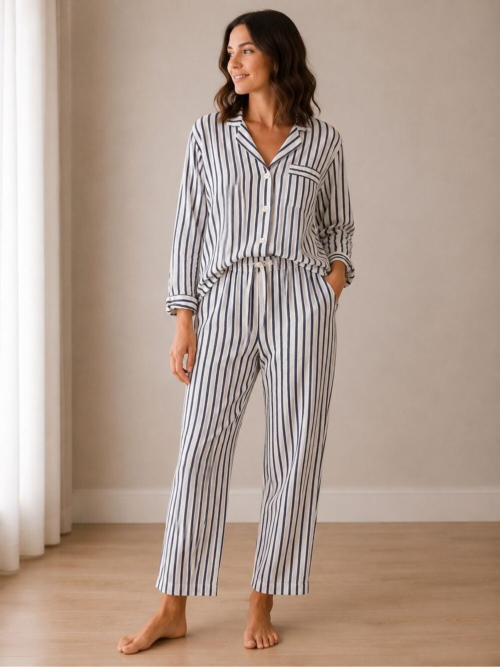 Sleepy Jones Marianne Navy White Stripe Pajama Set Size Small Cotton